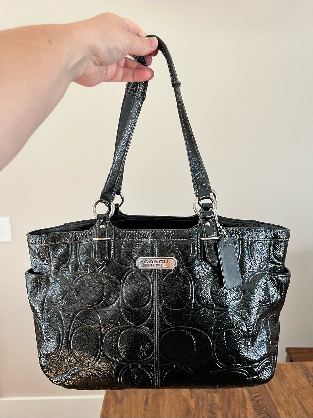 Vintage Coach Black Patent Embossed Logo Signature Tote with Double Handles
